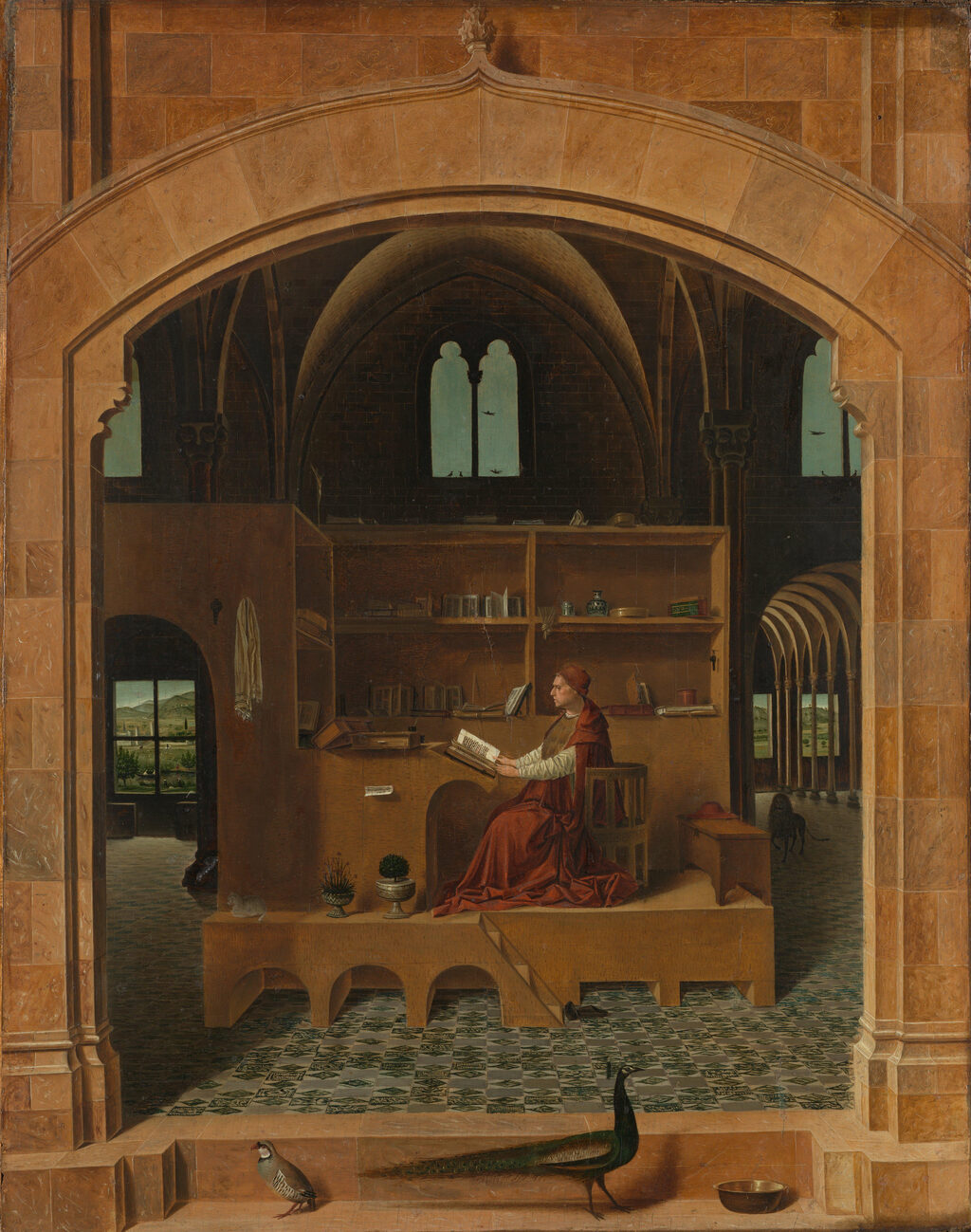 Seen through a stone arch, a scholar in red sits reading at a wooden study built inside a vast hall, his shelves ordered, light falling from windows behind him.