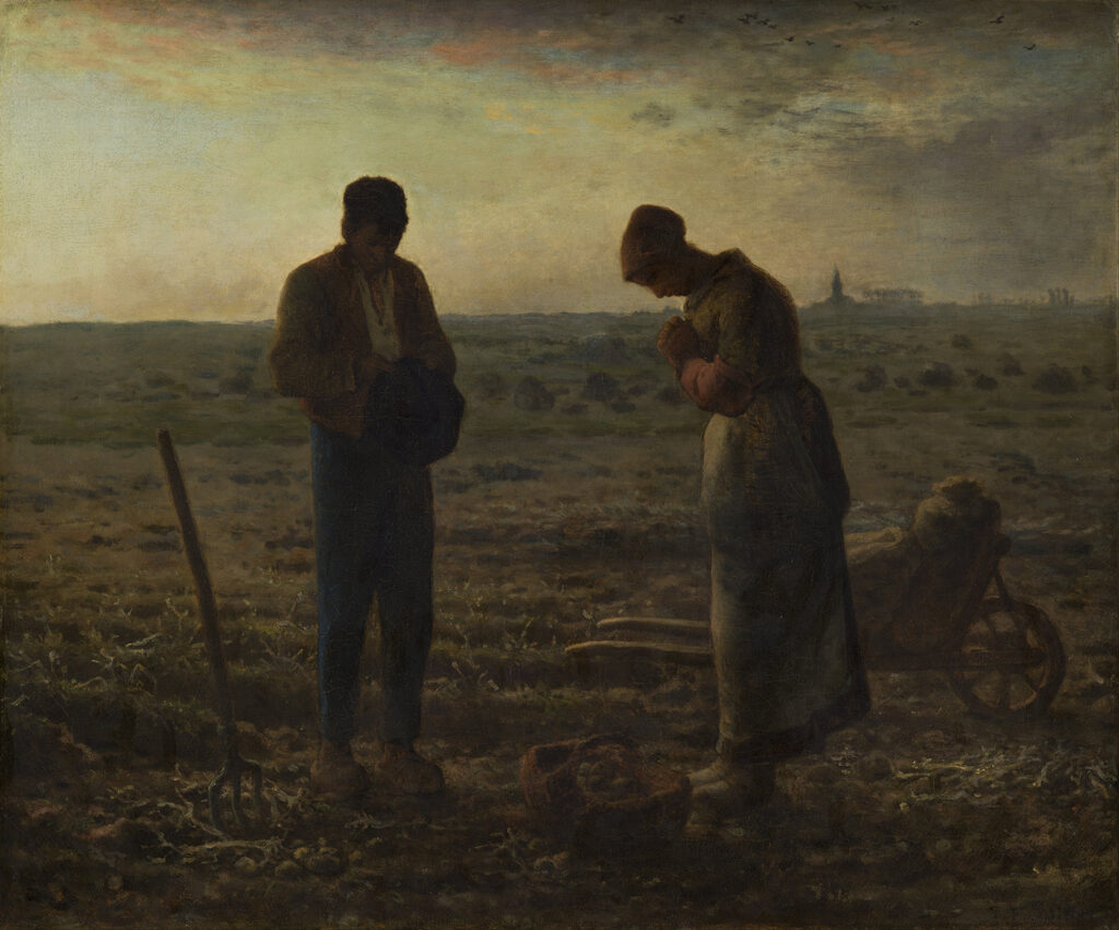 A man and a woman stand with heads bowed in a darkening potato field, tools and a basket at their feet, a church spire small on the horizon.